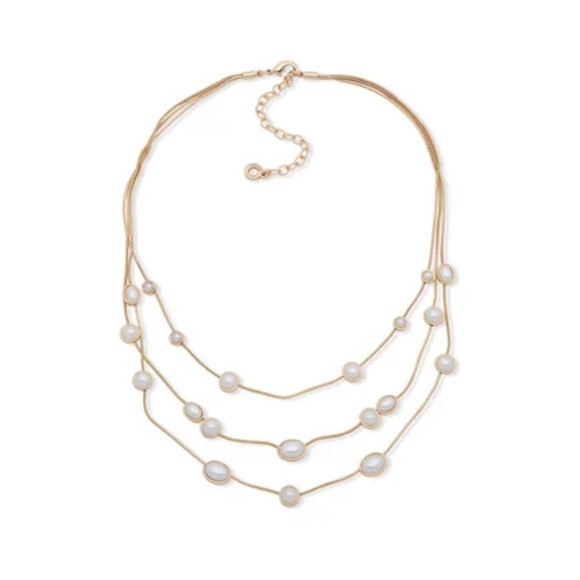 Anne Klein 16 Inch Satin Station Multi Row Blanc Pearl Necklace, Layered Pearl - Picture 1 of 2